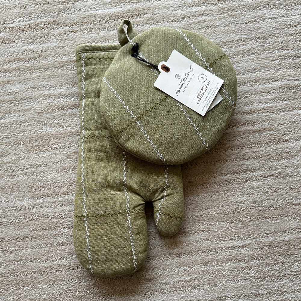 Set of 2 Faux Stitched Grid Oven Mitts Green Hearth & Hand™ with Magnolia